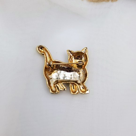 Cute Vintage Cat Pin, Gold Tone Sparkly Kitty Brooch - Picture 7 of 8